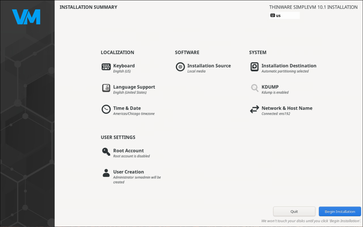 SimpleVM guided installation summary with localization, software, and system settings
